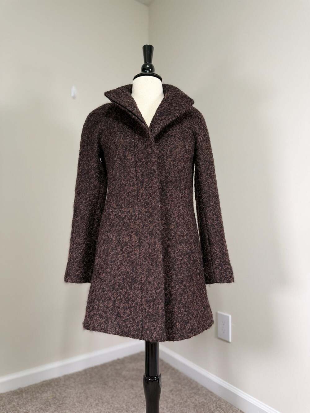 Anne Klein Bouclé Wool Blend Swing Coat Brown Quiet Luxury Old Money XS